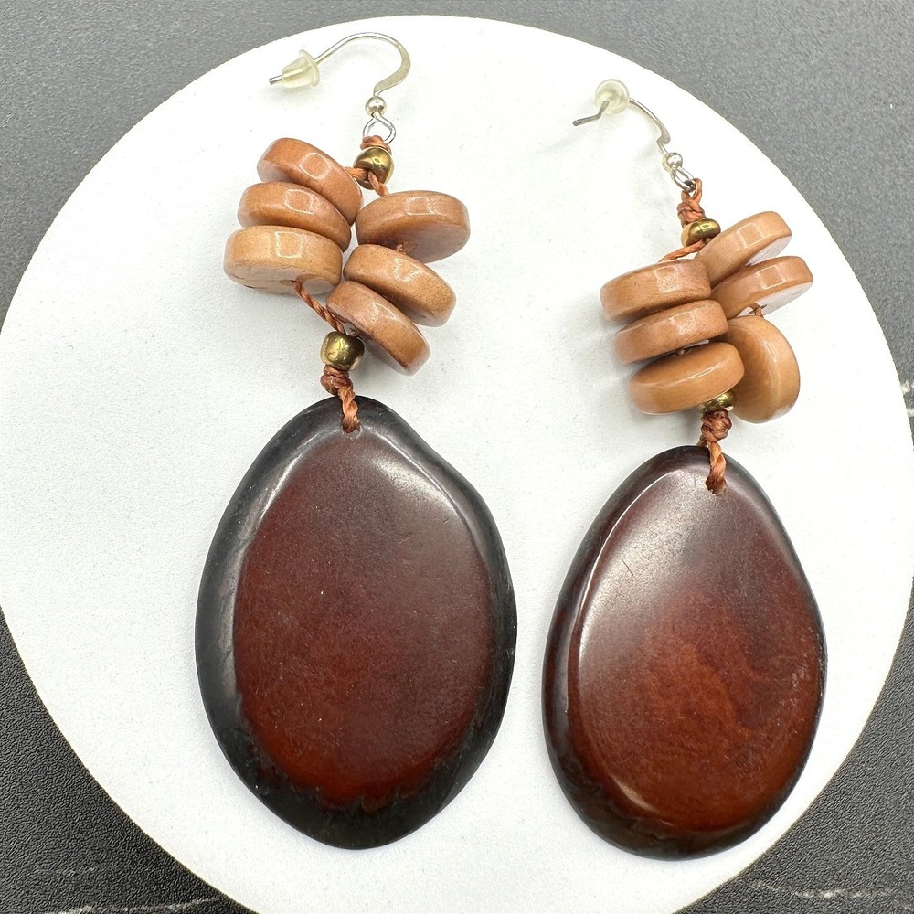 Vintage Wood Resin Teardrop Earrings Large Chunky Disc Cluster Boho Ethnic Y2K‎